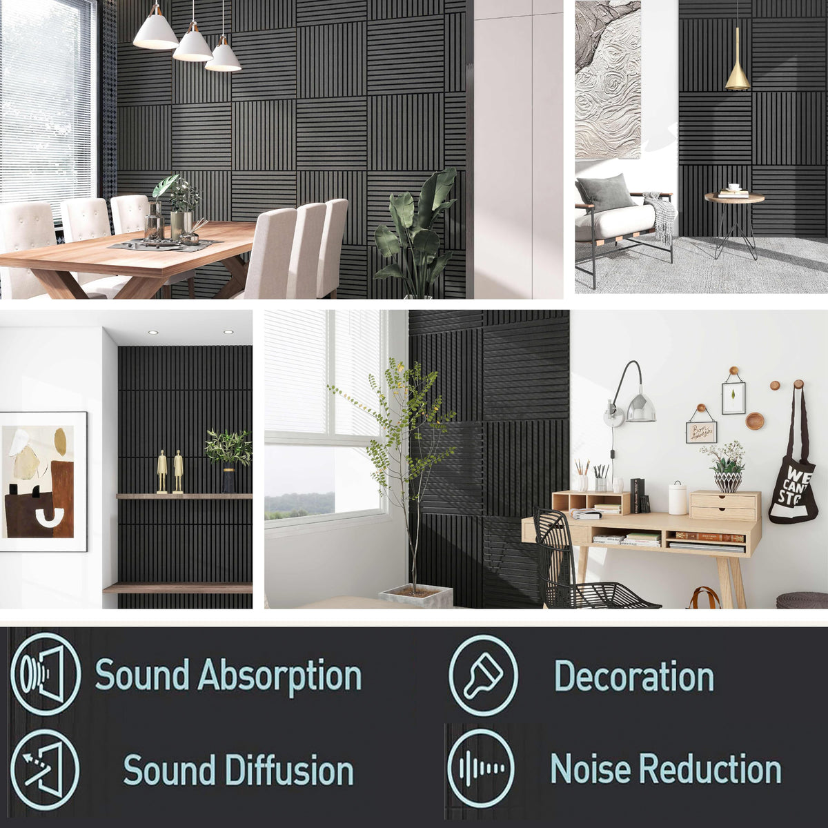 4 Pcs 60cm x 60cm Wall Panel Wood Slat Acoustic Panels Sound Absorbing Proof Panel for Wall Ceiling Decorative Black