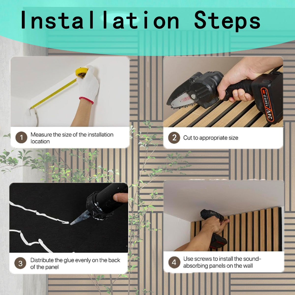 4 Pcs 60cm x 60cm Wall Panel Wood Slat Acoustic Panels Sound Absorbing Proof Panel for Wall Ceiling Decorative Black