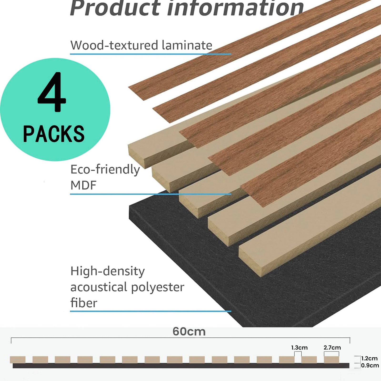4 Pcs 60cm x 60cm Wall Panel Wood Slat Acoustic Panels Sound Absorbing Proof Panel for Wall Ceiling Decorative Walnut