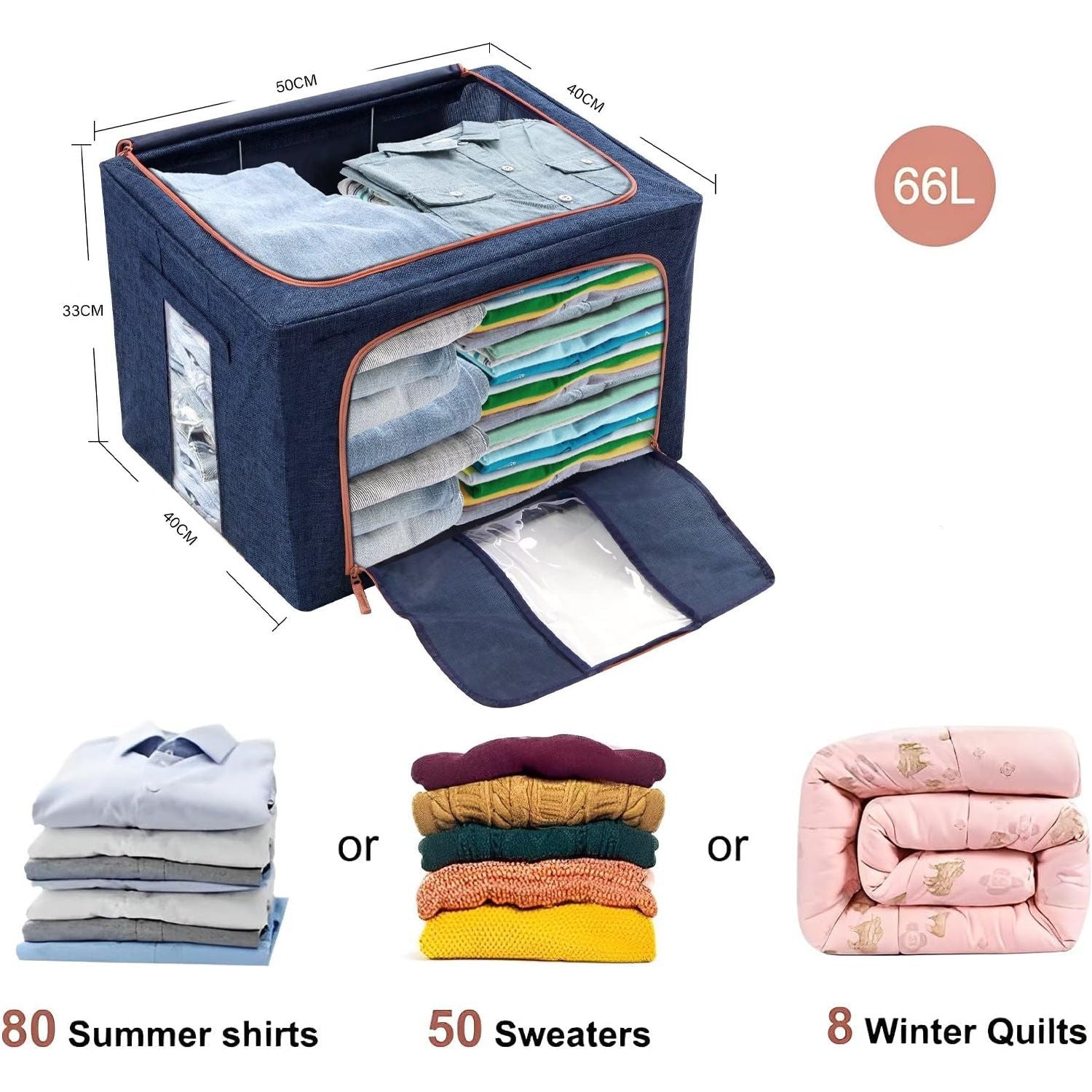 66L Cloth Storage Box Closet Organizer Storage Bags Clothes Storage Bags Wardrobe Organizer Idea Grey Blue