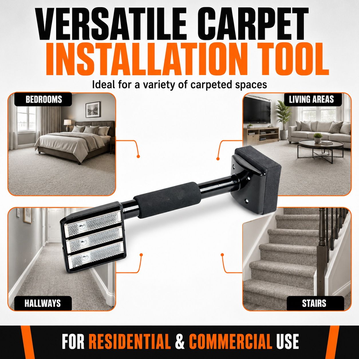 Carpet Knee Kicker Installation Tool with Steel Gripping Teeth & Foam Handle