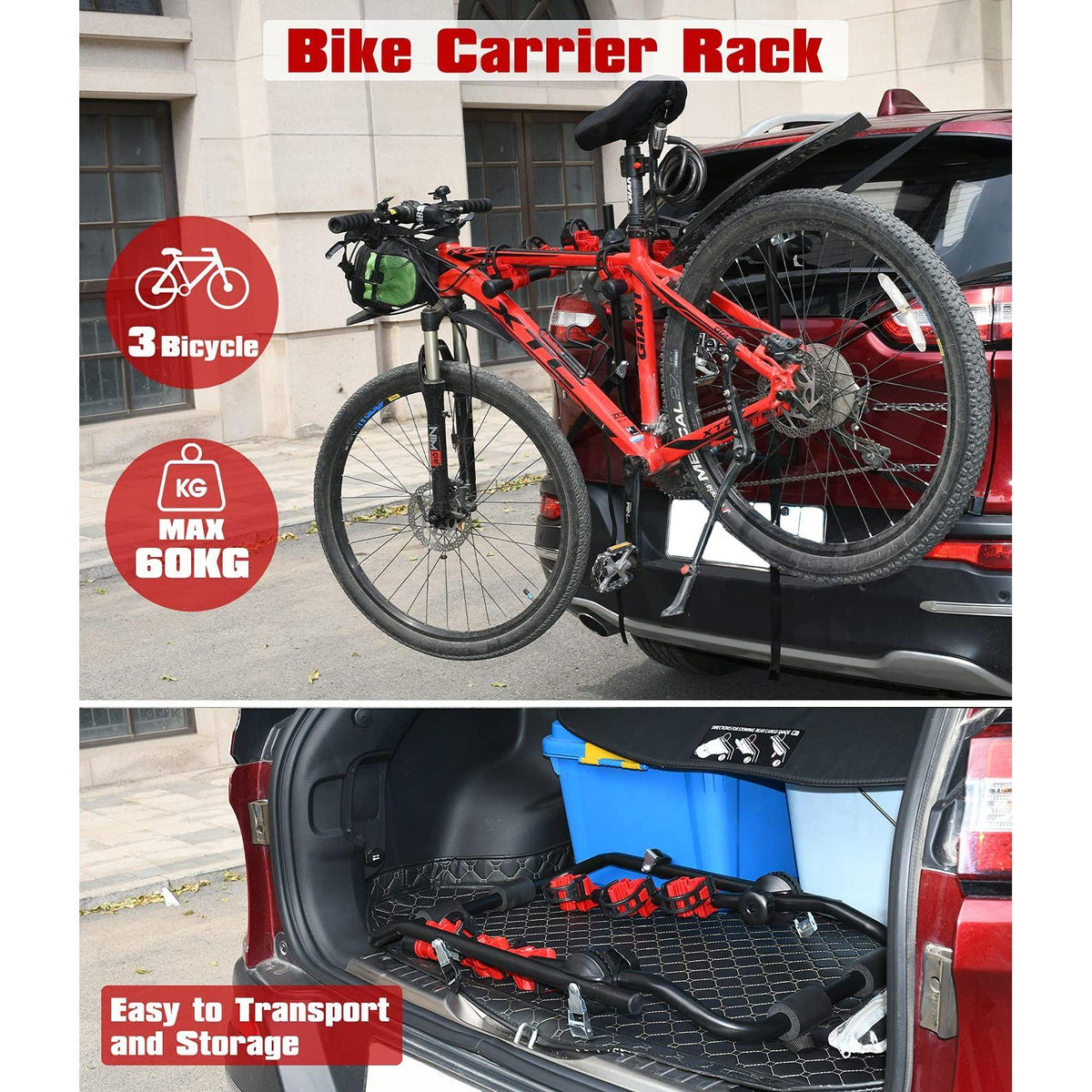3 Bike Universal Cycle Bicycle Car Rear Carrier Rack Hanger Mount for Car Sedan Hatchback Minivan SUV