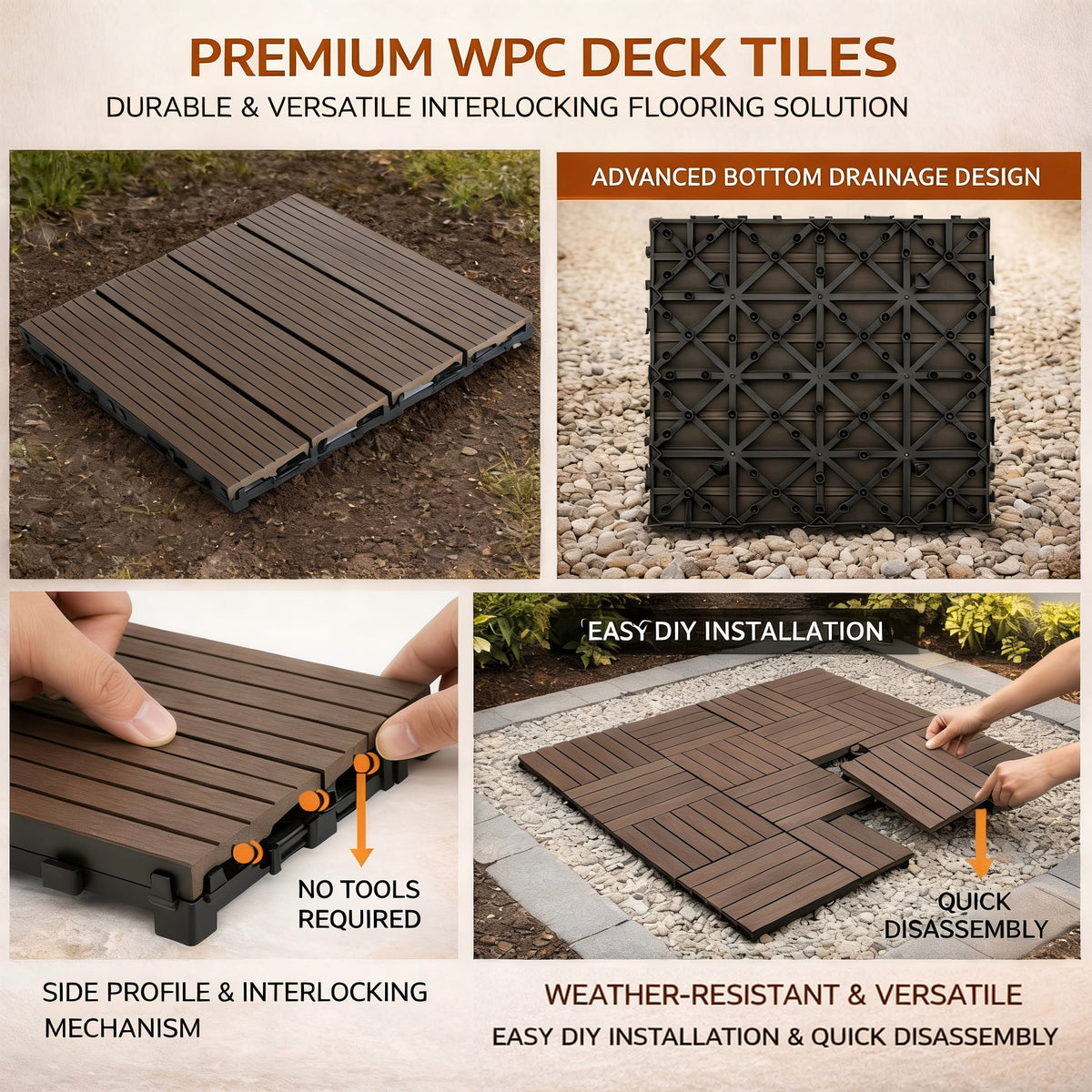 10PCS Interlocking Patio Deck Tiles 30cm x 30cm Outdoor Wood Flooring for Patio Garden Balcony Poolside Walnut