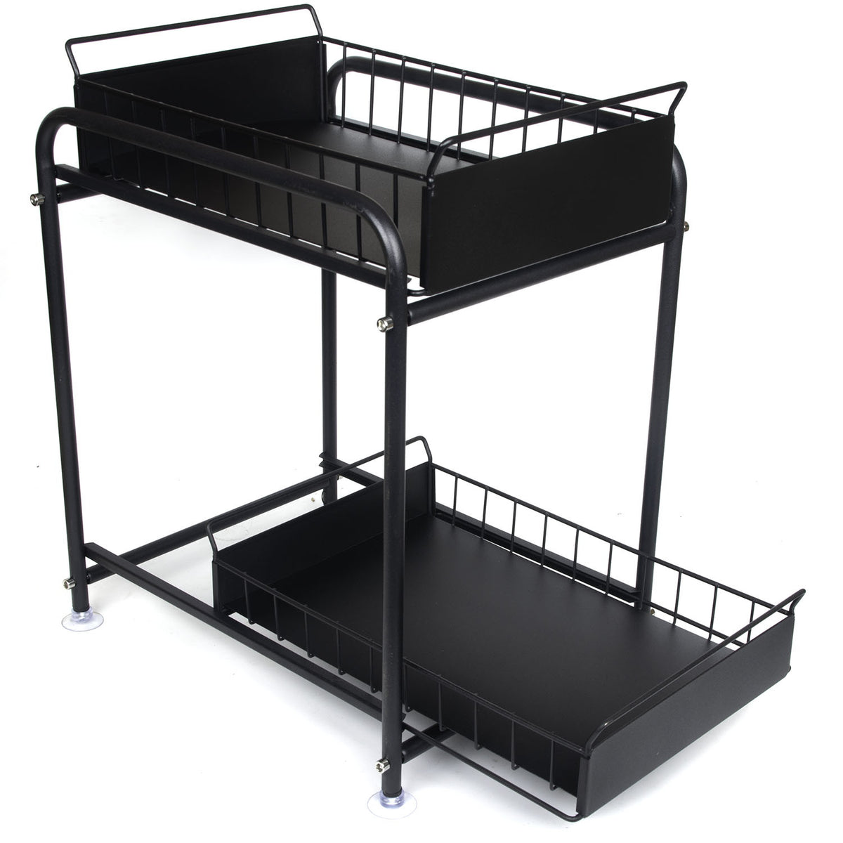 2 Tier Under Sink Storage Rack Kitchen Organizer Steel Frame with Removable Baskets &amp; Suction Feet Black