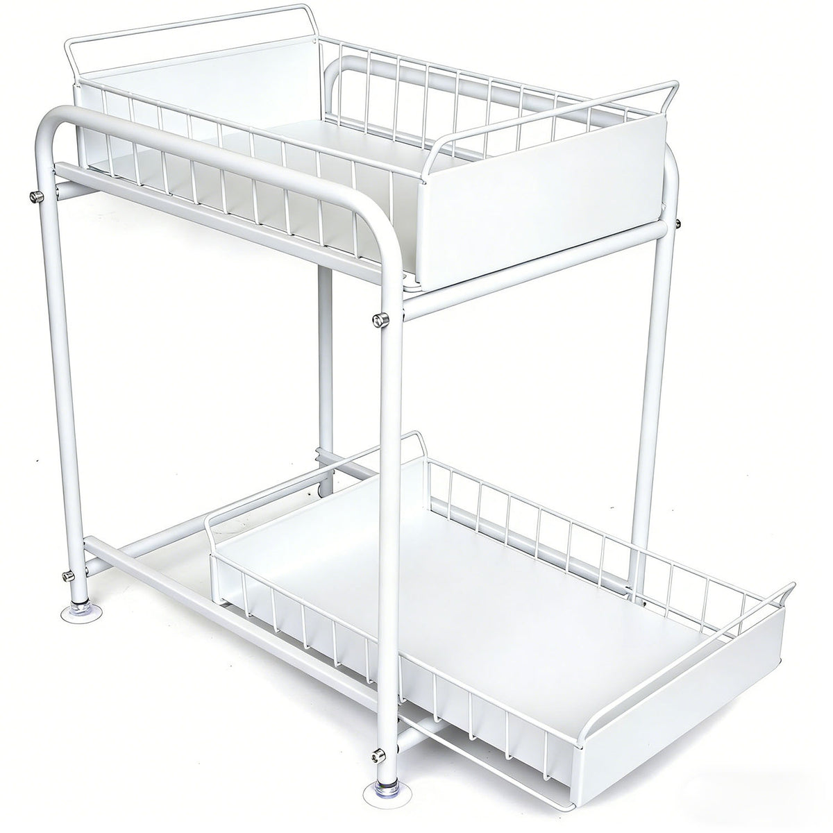 2 Tier Under Sink Storage Rack Kitchen Organizer Steel Frame with Removable Baskets &amp; Suction Feet White