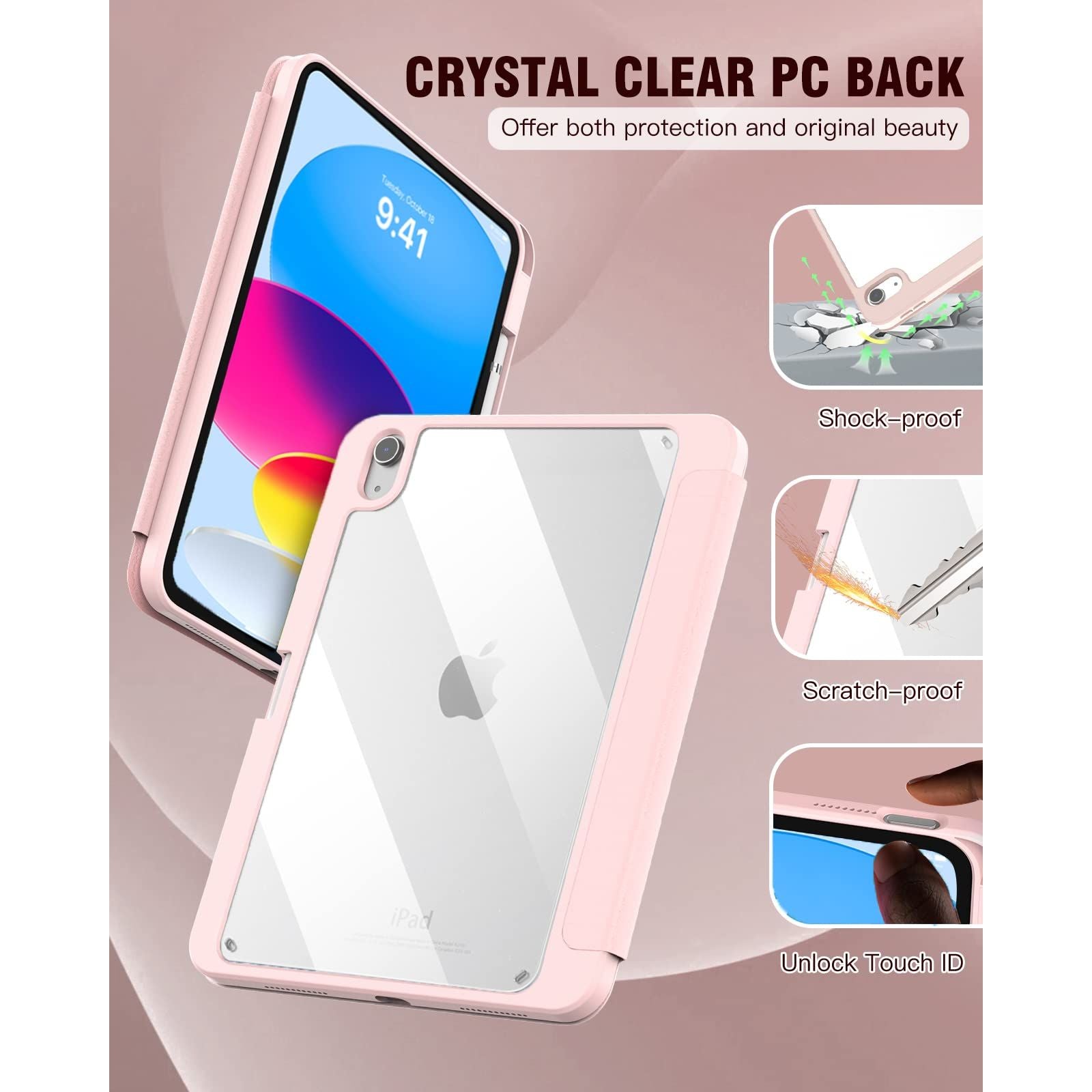 iPad 10th Case 10.9 Inch 2022 with Pencil Holder, Smart iPad Clear Case with Soft TPU Auto Wake Sleep Pink