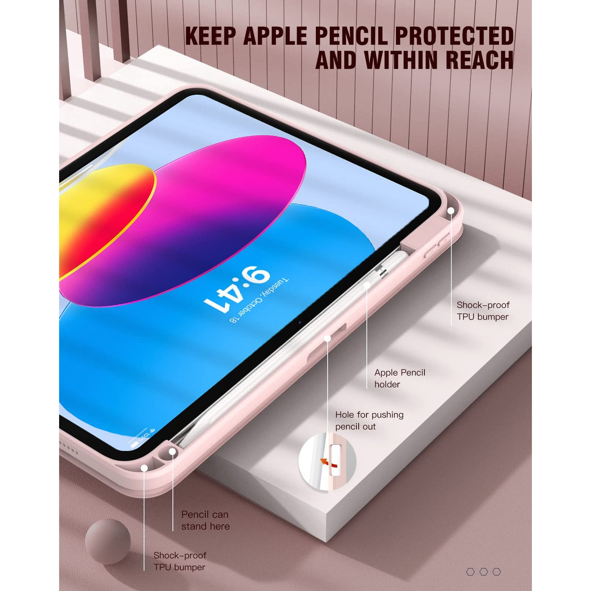 iPad 10th Case 10.9 Inch 2022 with Pencil Holder, Smart iPad Clear Case with Soft TPU Auto Wake Sleep Pink