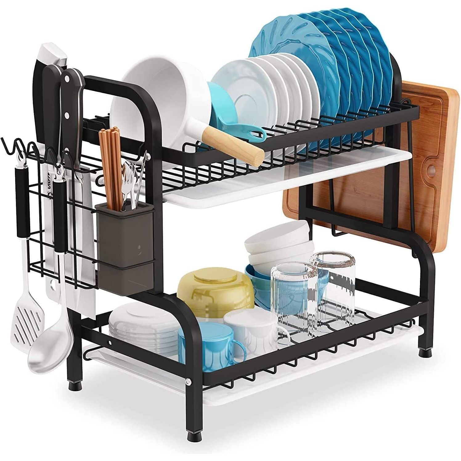 Dish Rack 2 Tier Dish Dryer Drainer Stainless Steel Dish Drying Rack Drip Trays Side Holder Kitchen Storage Save Space