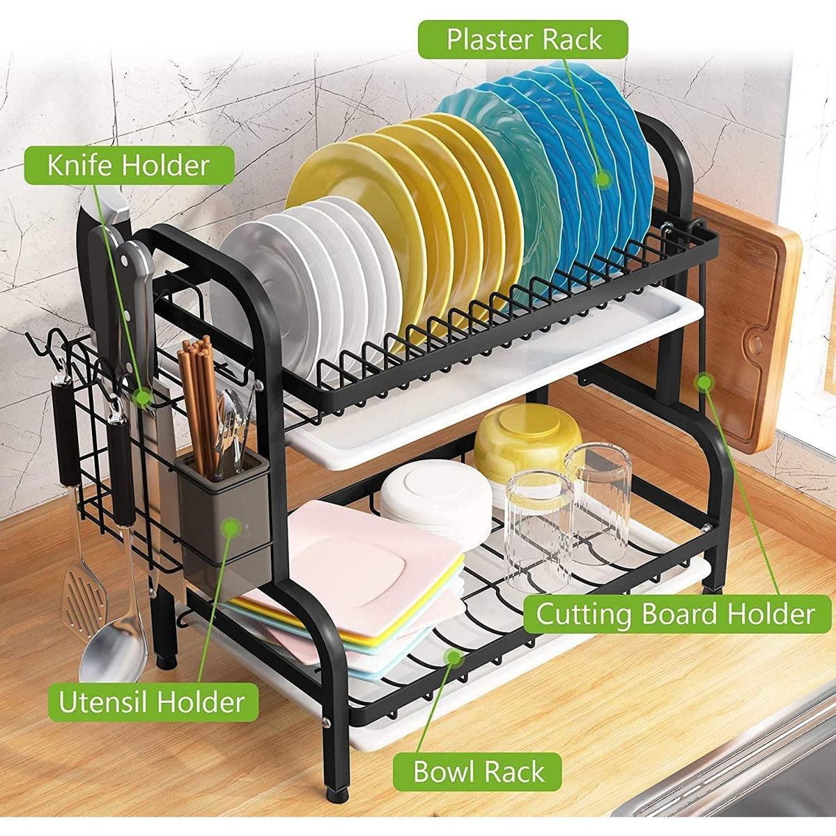 Dish Rack 2 Tier Dish Dryer Drainer Stainless Steel Dish Drying Rack Drip Trays Side Holder Kitchen Storage Save Space