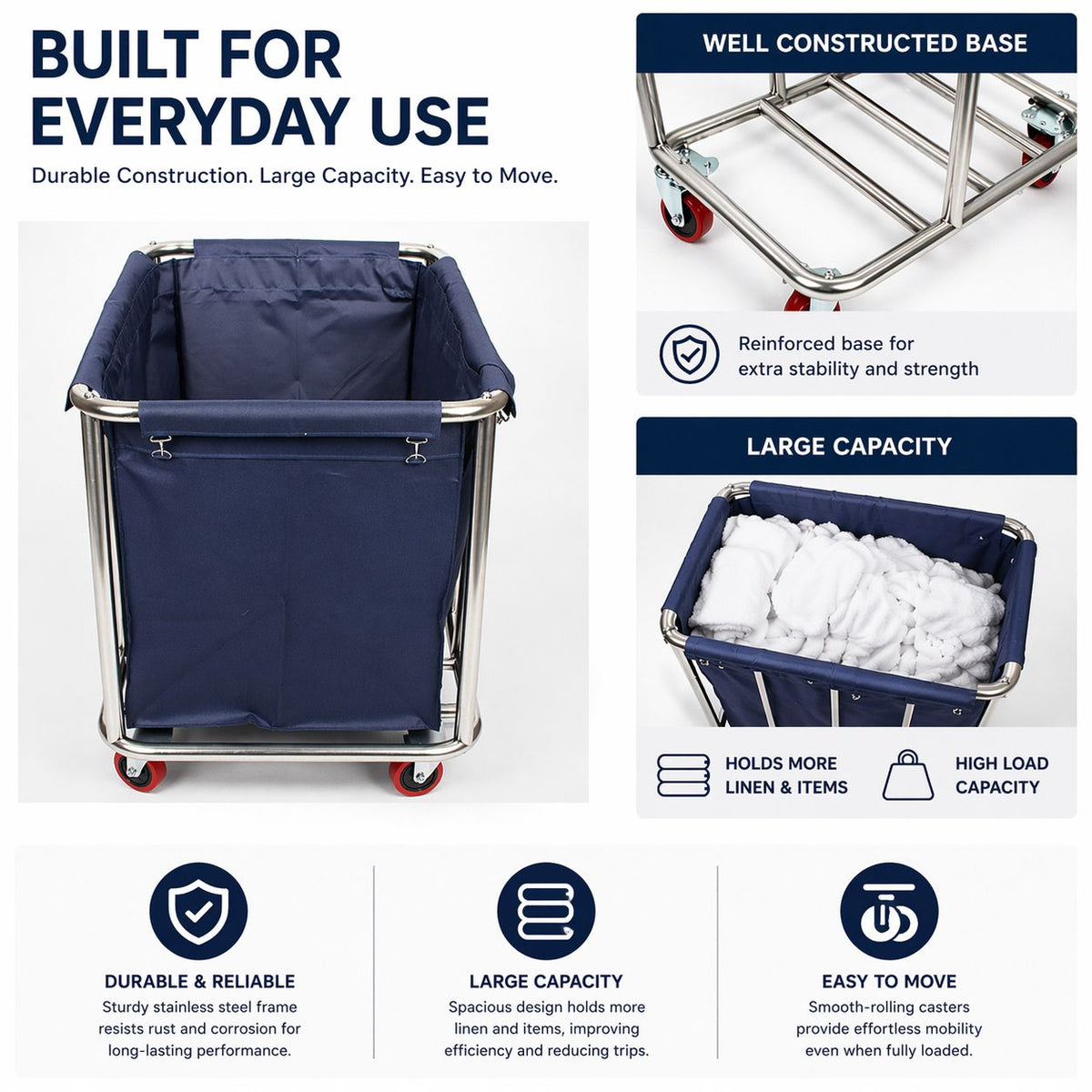 Commercial Laundry Trolley 90x65x80cm Large Capacity Linen Cart with 2 Swivel & 2 Fixed Wheels Navy
