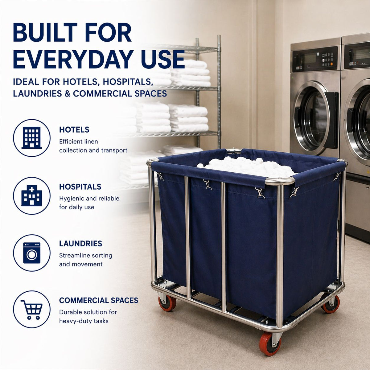 Commercial Laundry Trolley 90x65x80cm Large Capacity Linen Cart with 2 Swivel & 2 Fixed Wheels Navy