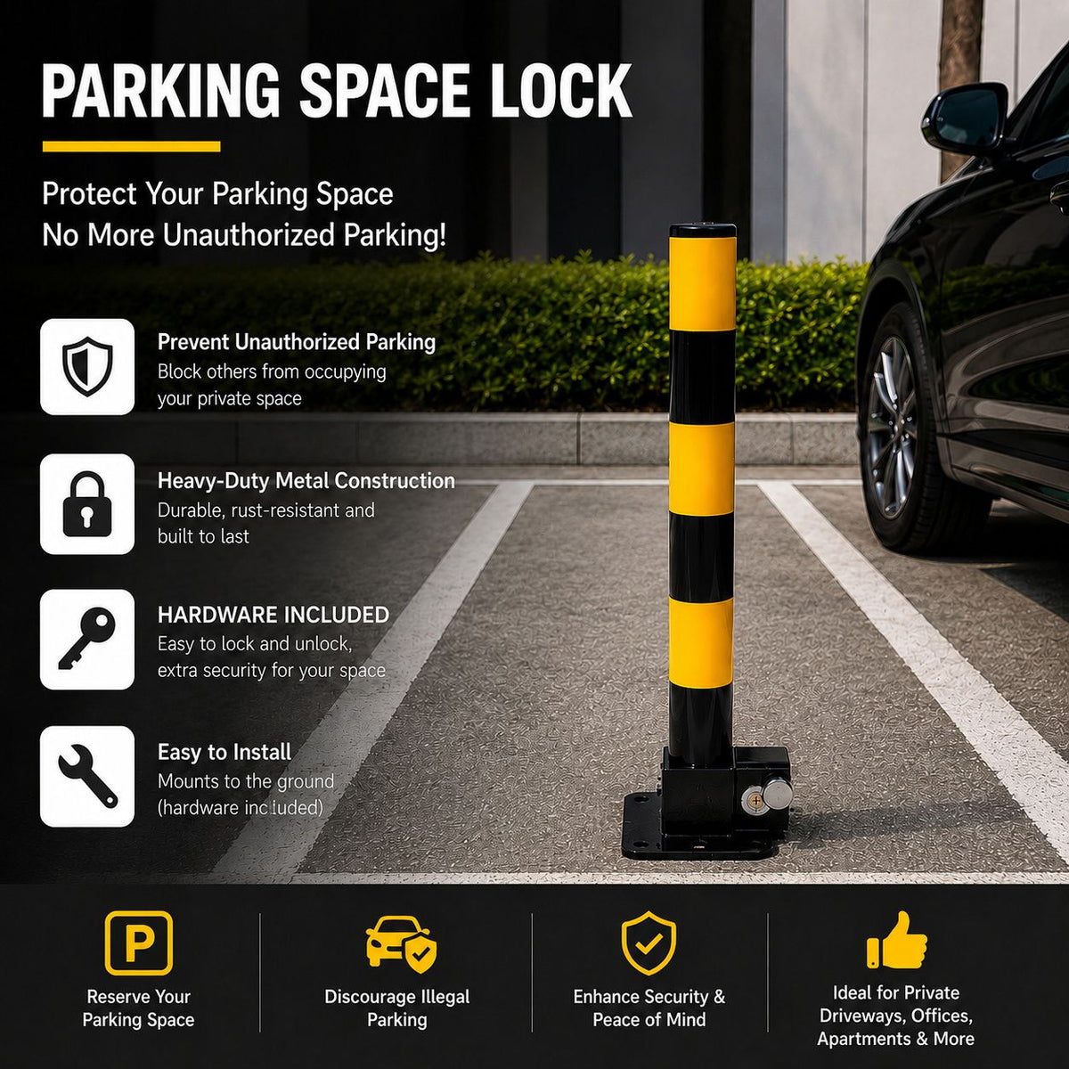 Heavy Duty Fold Down Parking Bollard Lockable Safety Post Yellow Black 61cm