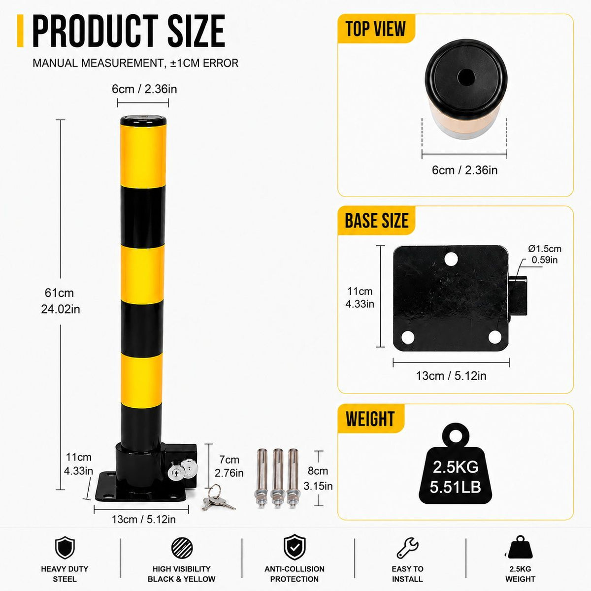 Heavy Duty Fold Down Parking Bollard Lockable Safety Post Yellow Black 61cm