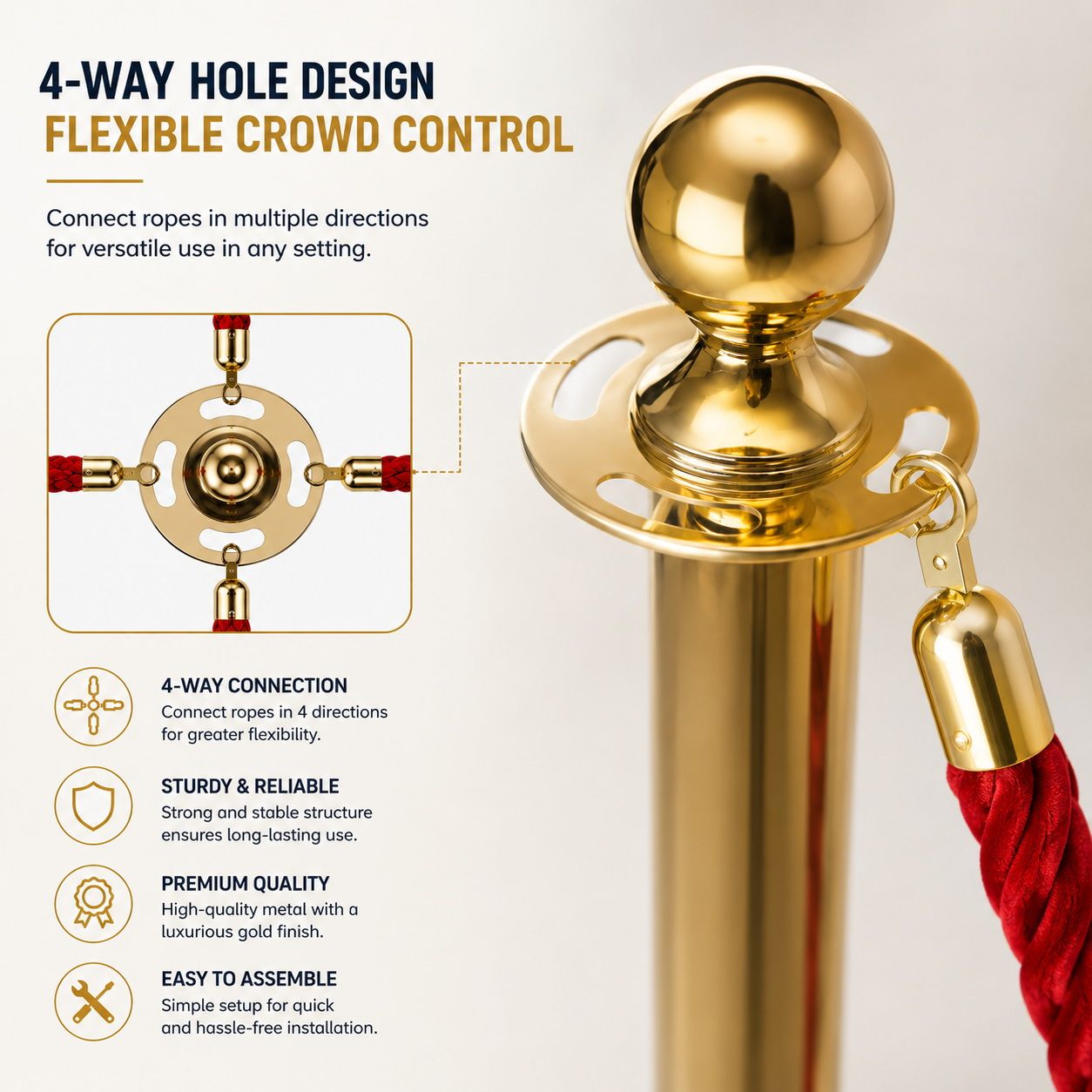 Gold Queue Barrier Stanchion Set of 2 with Red Velvet Rope Crowd Control Bollards