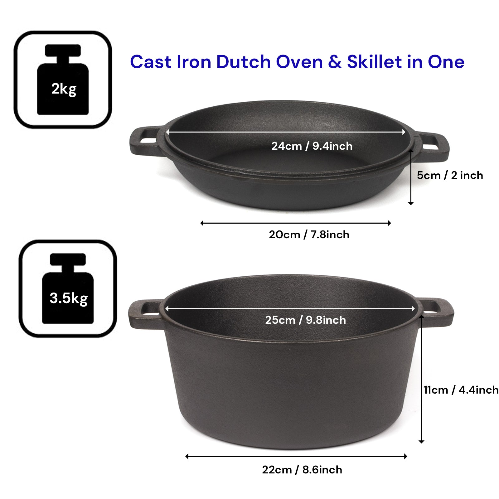 26cm 2-in-1 Cast Iron Dutch Oven & Skillet Set  Pre-Seasoned Dual-Use Pot with Lid Fry Pan, Durable & Versatile Cookware
