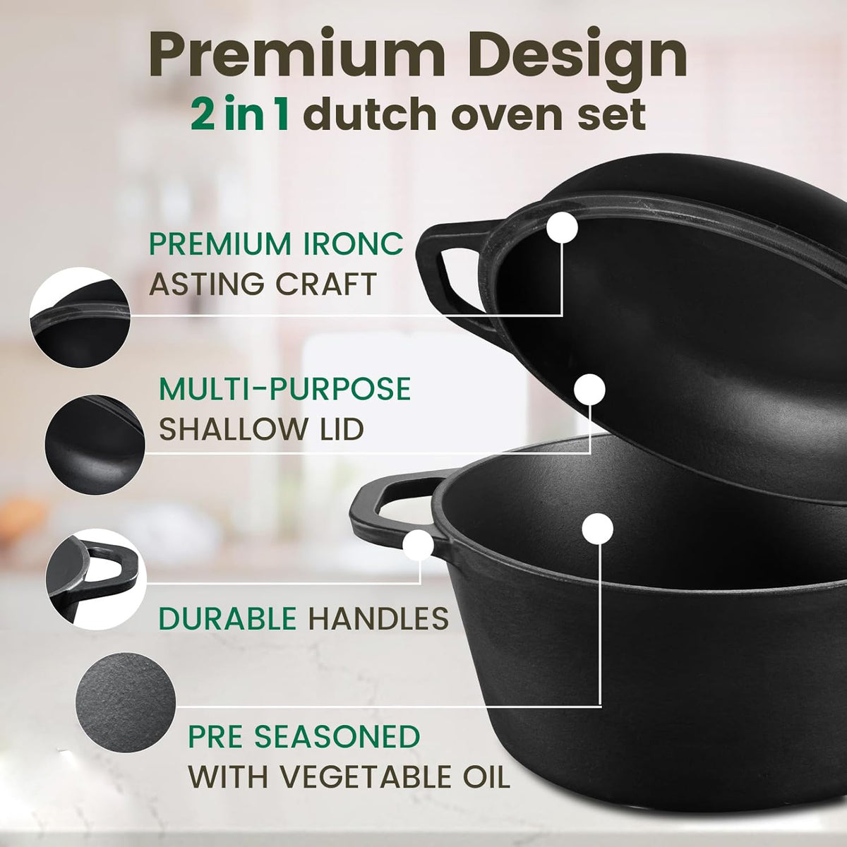 26cm 2-in-1 Cast Iron Dutch Oven & Skillet Set  Pre-Seasoned Dual-Use Pot with Lid Fry Pan, Durable & Versatile Cookware