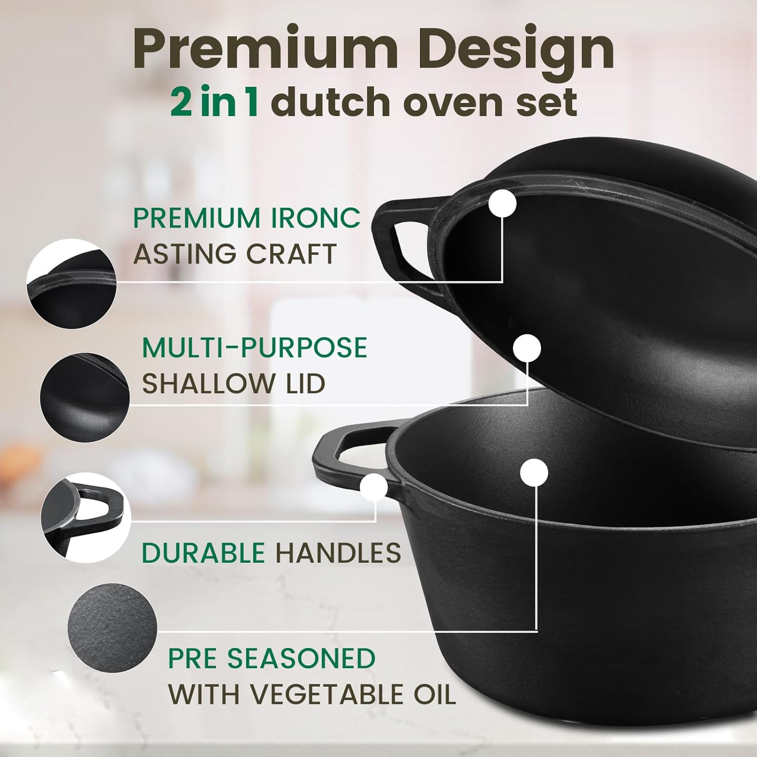 26cm 2-in-1 Cast Iron Dutch Oven & Skillet Set  Pre-Seasoned Dual-Use Pot with Lid Fry Pan, Durable & Versatile Cookware