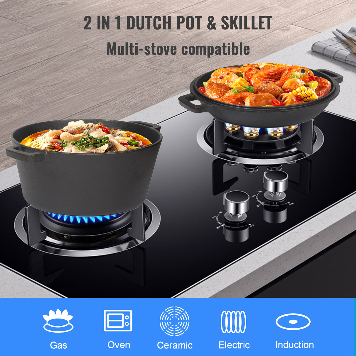 26cm 2-in-1 Cast Iron Dutch Oven & Skillet Set  Pre-Seasoned Dual-Use Pot with Lid Fry Pan, Durable & Versatile Cookware