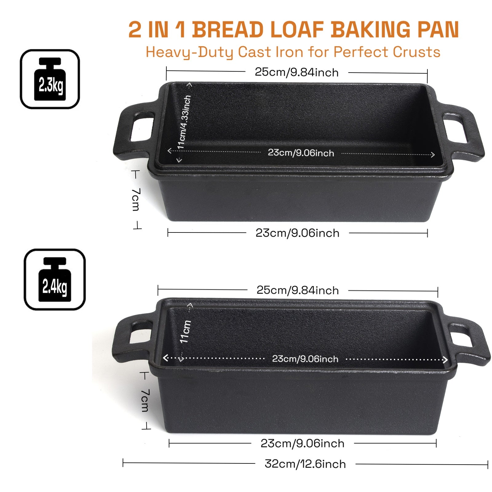 2-in-1 Cast Iron Bread Loaf Pan Tin with Lid Dual Use Baking Dish with Ergonomic Handles, Pre-Seasoned for Oven Cooking