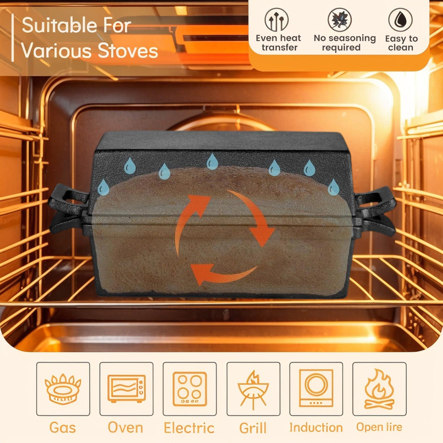 2-in-1 Cast Iron Bread Loaf Pan Tin with Lid Dual Use Baking Dish with Ergonomic Handles, Pre-Seasoned for Oven Cooking