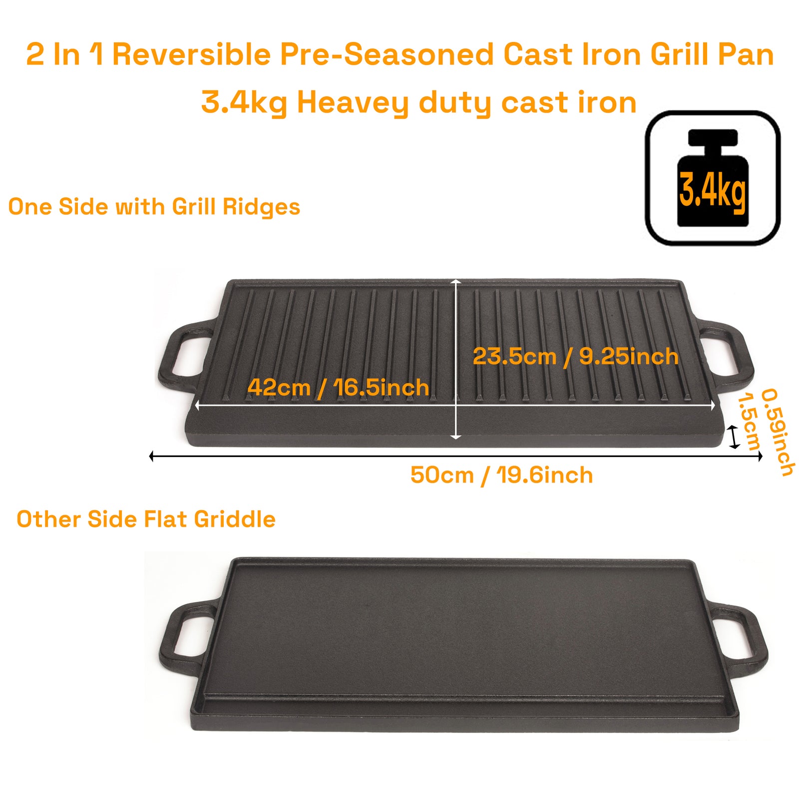 50 cm Reversible Cast Iron Grill & Griddle -Dual-Sided (Flat & Ribbed), Pre-Seasoned, Handles, for Stove-Top & Outdoor Use
