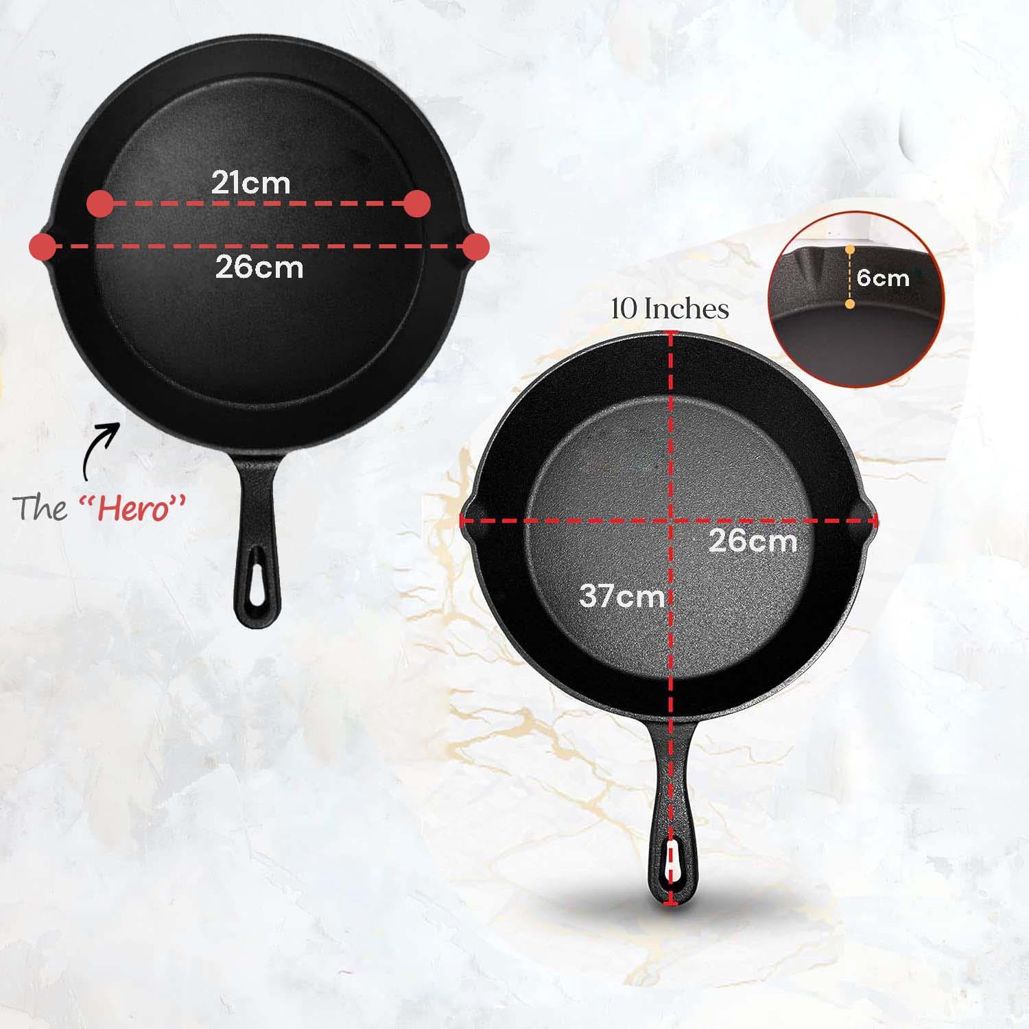 10inch 26cm Cast Iron Skillet Cookware Chef Quality Pre-Seasoned Pan Pans