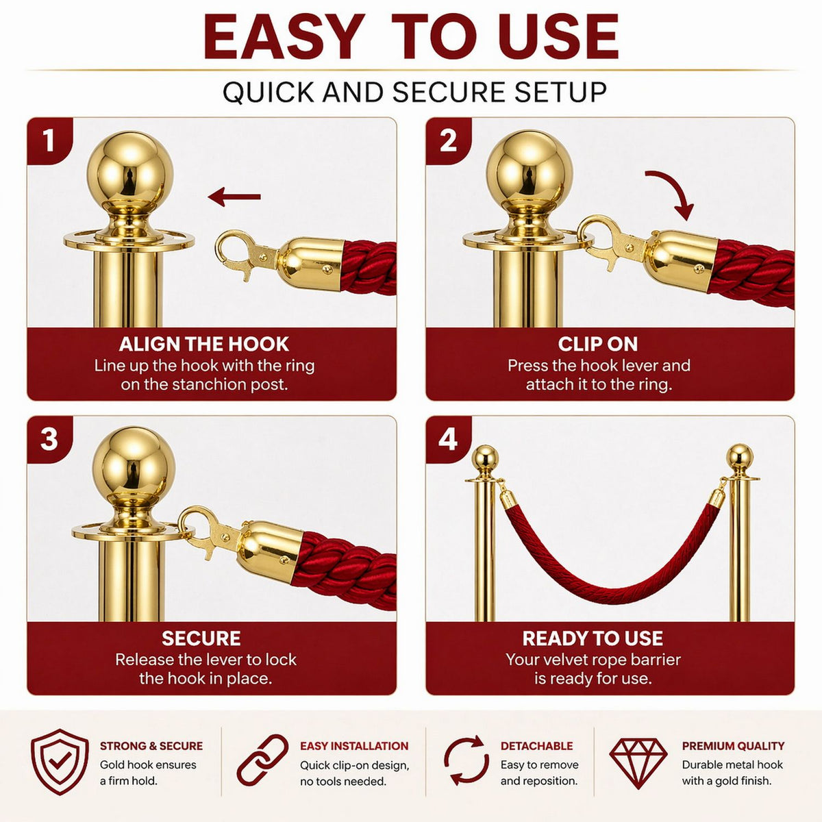 Premium Velvet Rope Barrier Queue Rope with Gold Hooks Red 150cm VIP Crowd Control Rope