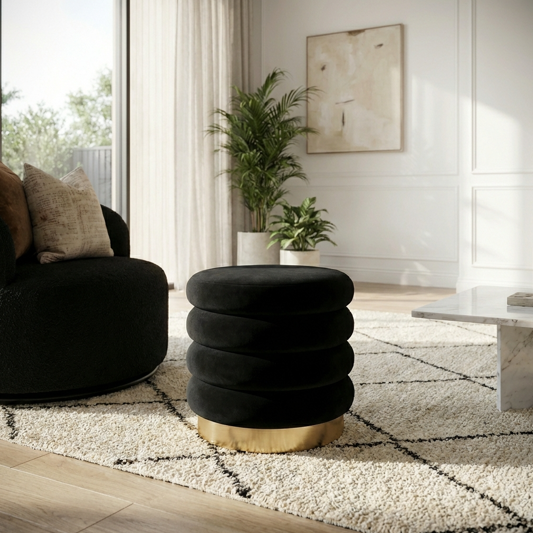 Interior Ave - Roma Round Velvet Ottoman / Footstool – Black