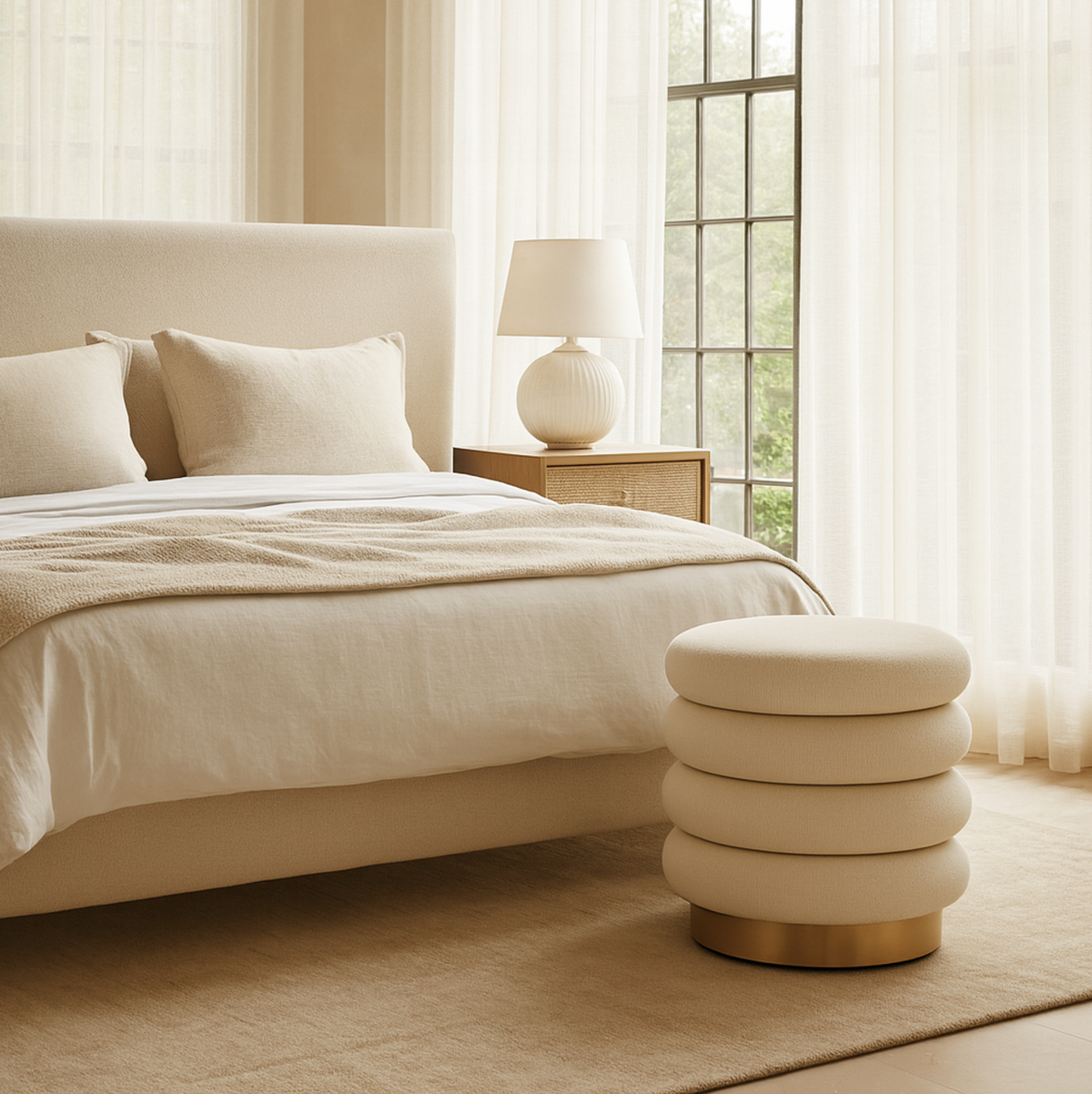 Interior Ave - Roma Round Tweed Ottoman / Footstool – Light Grey