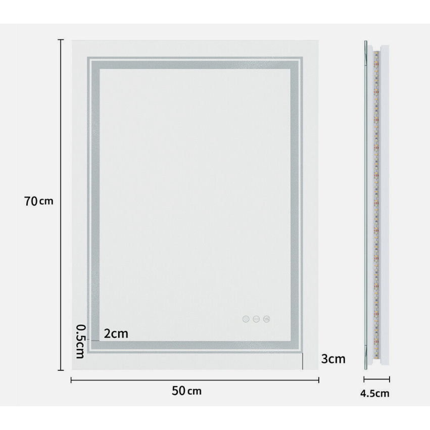 Interior Ave - LED Rectangle Frameless Salon / Bathroom Wall Mirror - 70 x 50cm