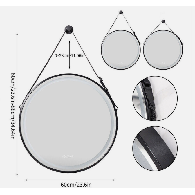 Interior Ave - LED Round Hanging Salon / Bathroom Wall Mirror - Black - 60cm