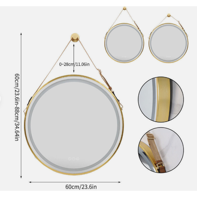 Interior Ave - LED Round Hanging Salon / Bathroom Wall Mirror - Gold - 60cm