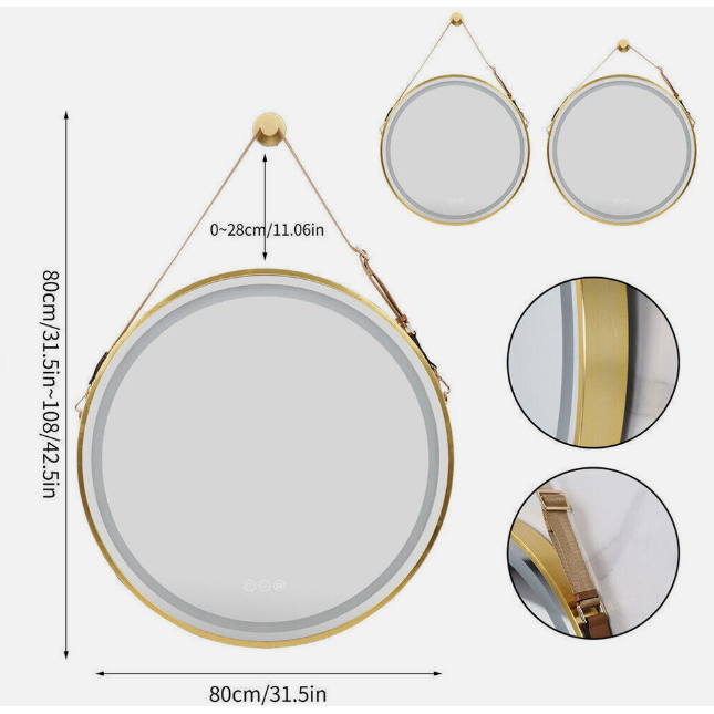 Interior Ave - LED Round Hanging Salon / Bathroom Wall Mirror - Gold - 80cm