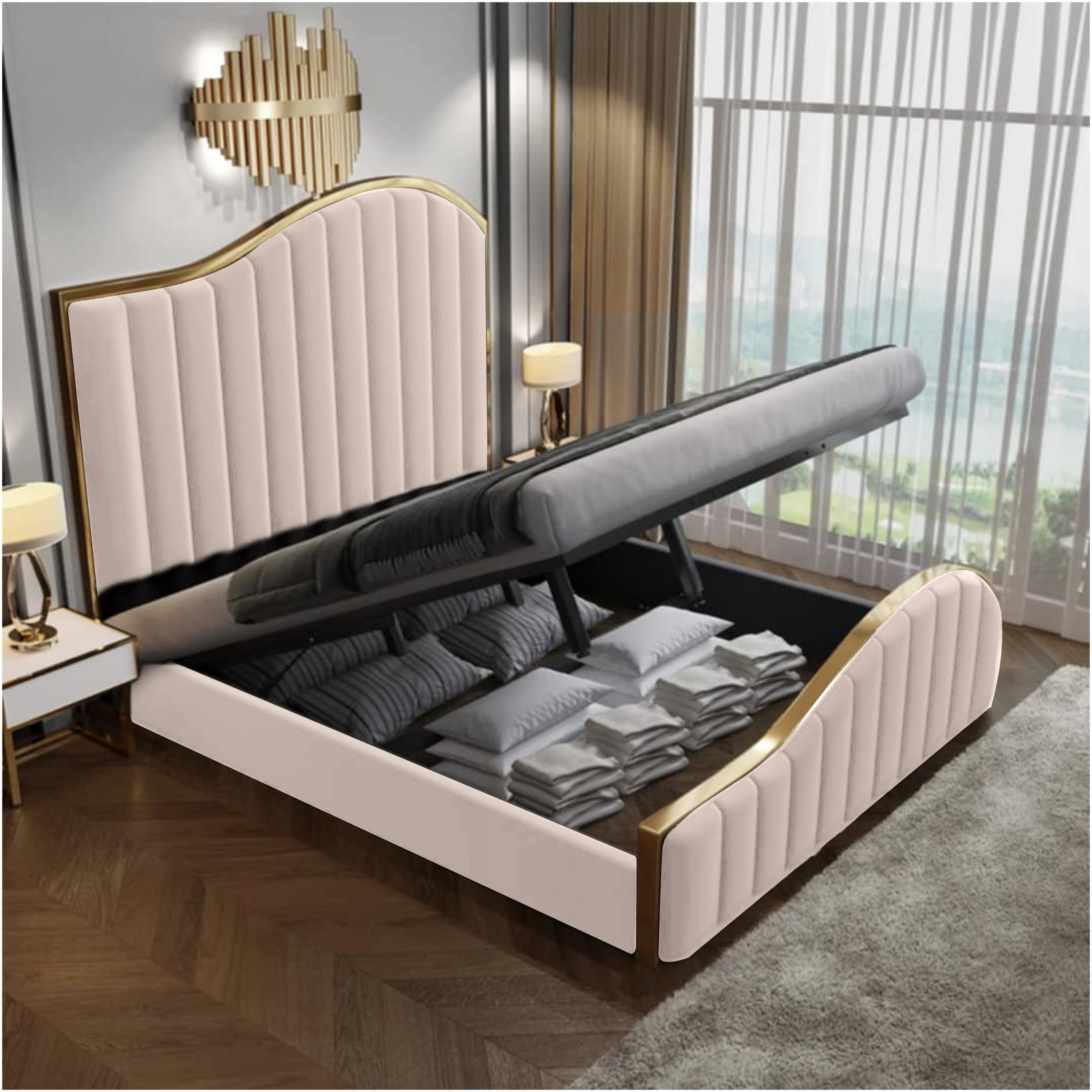 Elegant Luxury King Size Bedframe in Beige with Gas Lift Storage Velvet Fabric Golden Trim