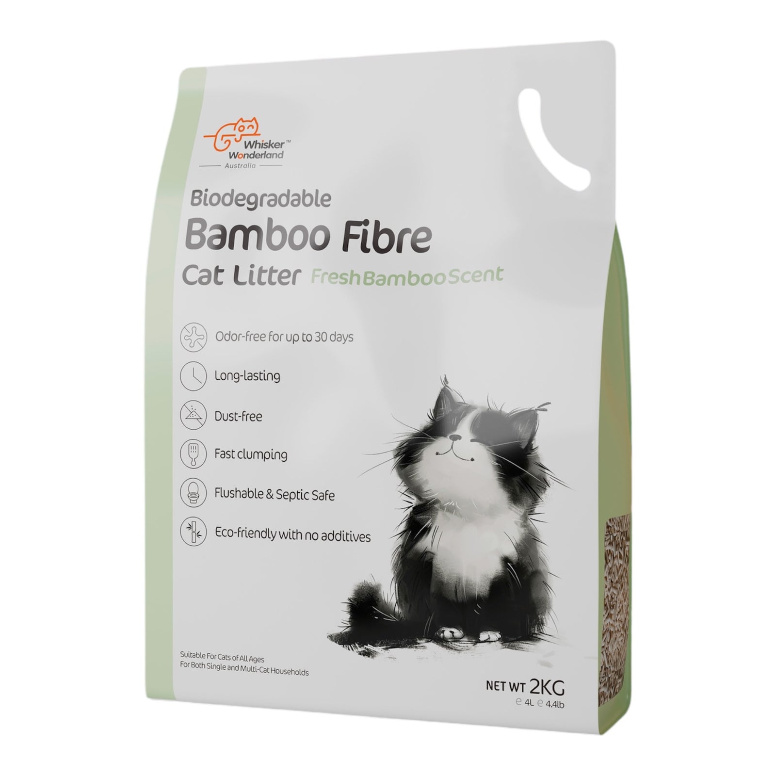 Whisker Wonderland Premium Biodegradable Bamboo Fibre Cat Litter 2KG - Fresh Bamboo Scent | Superior Odour Control, Fast Clumping & Flushable | Pet & Planet Friendly