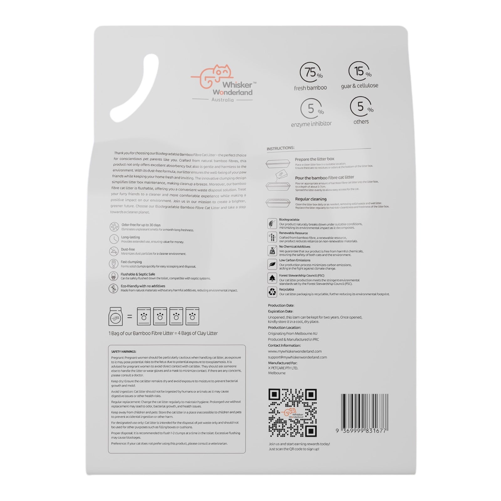 Whisker Wonderland Premium Biodegradable Bamboo Fibre Cat Litter 2KG - Fresh Bamboo Scent | Superior Odour Control, Fast Clumping & Flushable | Pet & Planet Friendly