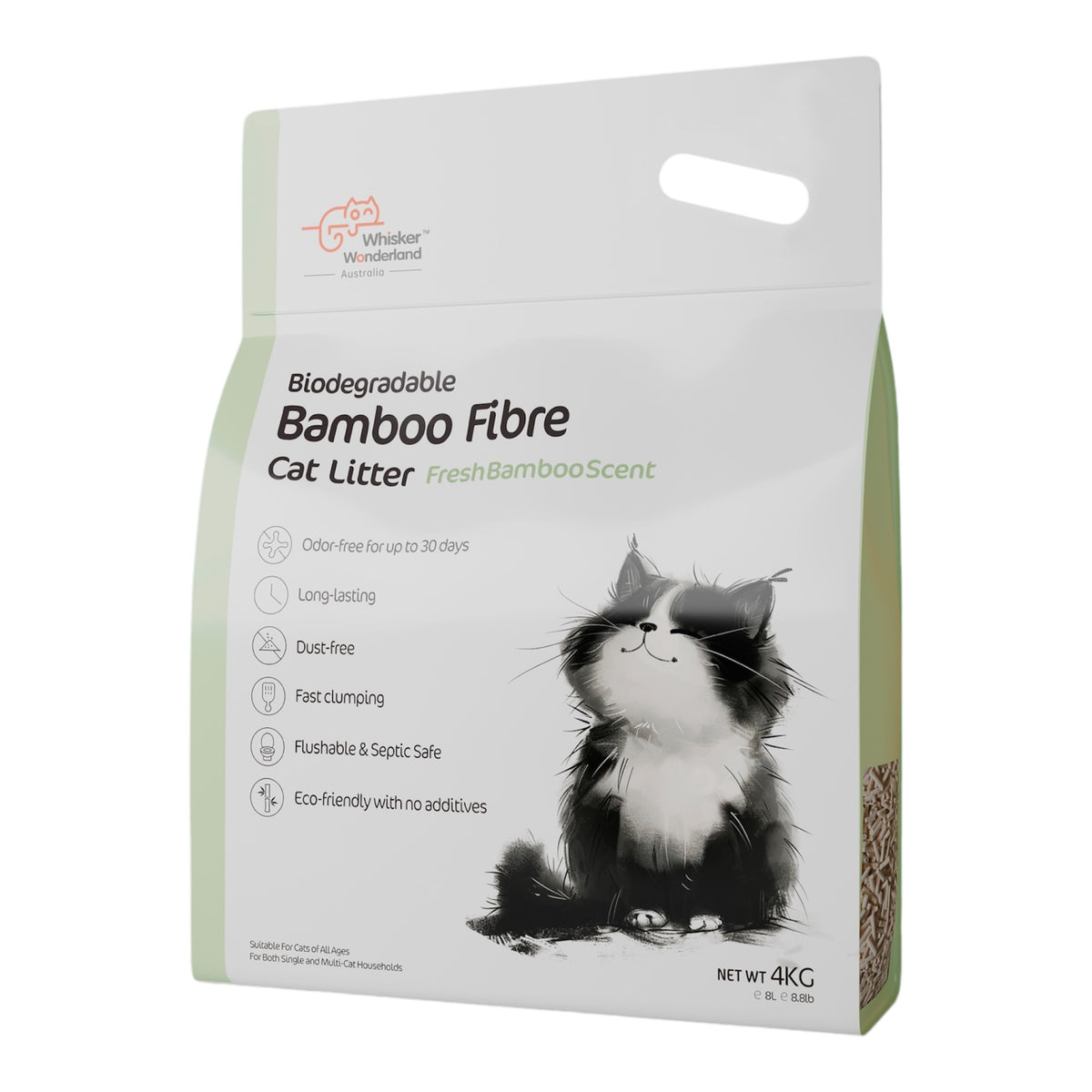 Whisker Wonderland Premium Biodegradable Bamboo Fibre Cat Litter 4KG - Fresh Bamboo Scent | Superior Odour Control, Fast Clumping &amp; Flushable | Pet &amp; Planet Friendly