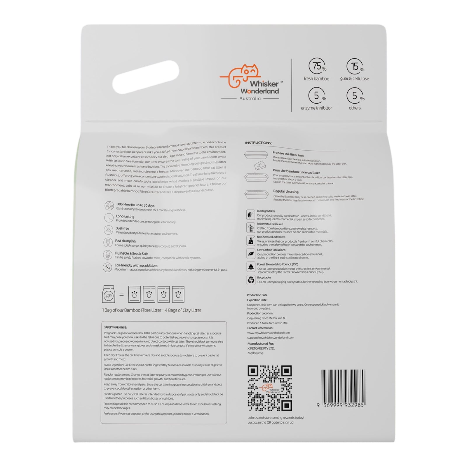 Whisker Wonderland Premium Biodegradable Bamboo Fibre Cat Litter 4KG - Fresh Bamboo Scent | Superior Odour Control, Fast Clumping & Flushable | Pet & Planet Friendly
