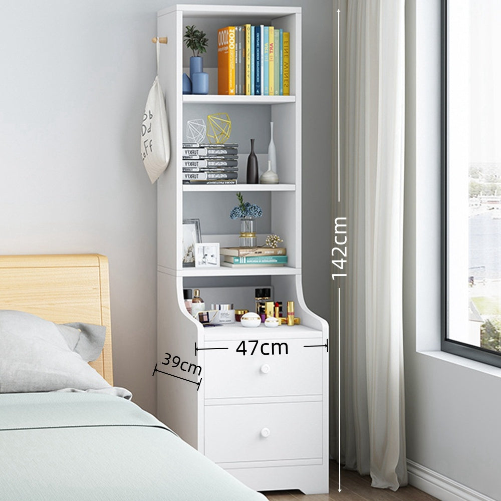 2x Bedside table pair with shelves drawers side hook modern design white