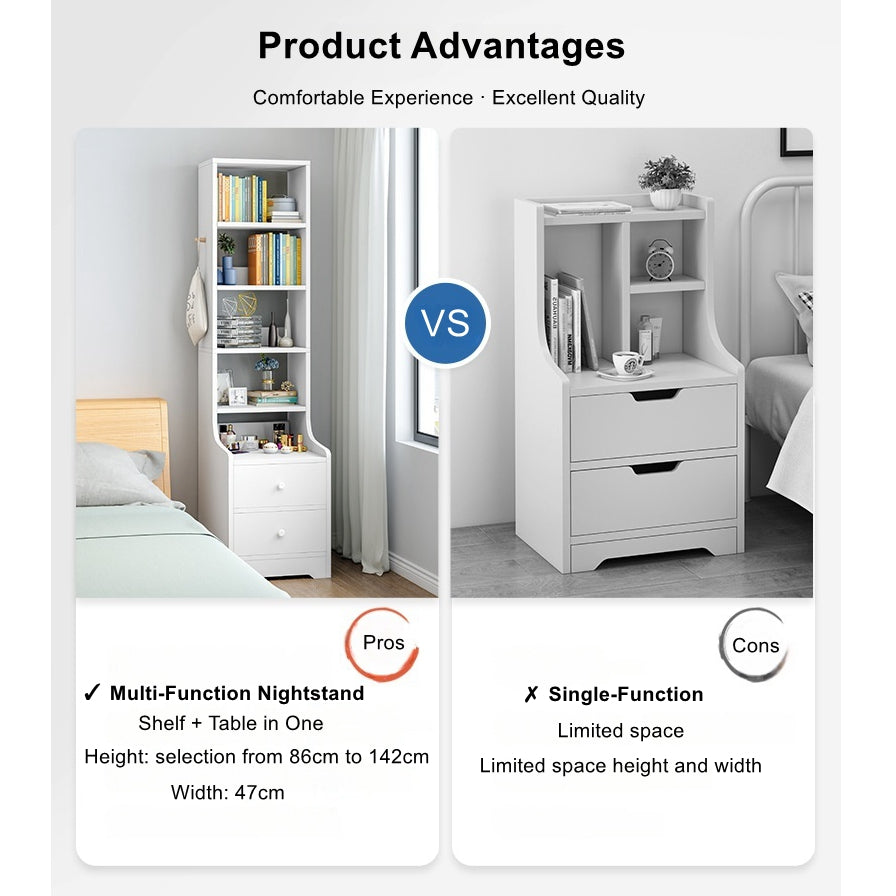 2x Bedside table pair with shelves drawers side hook modern design white