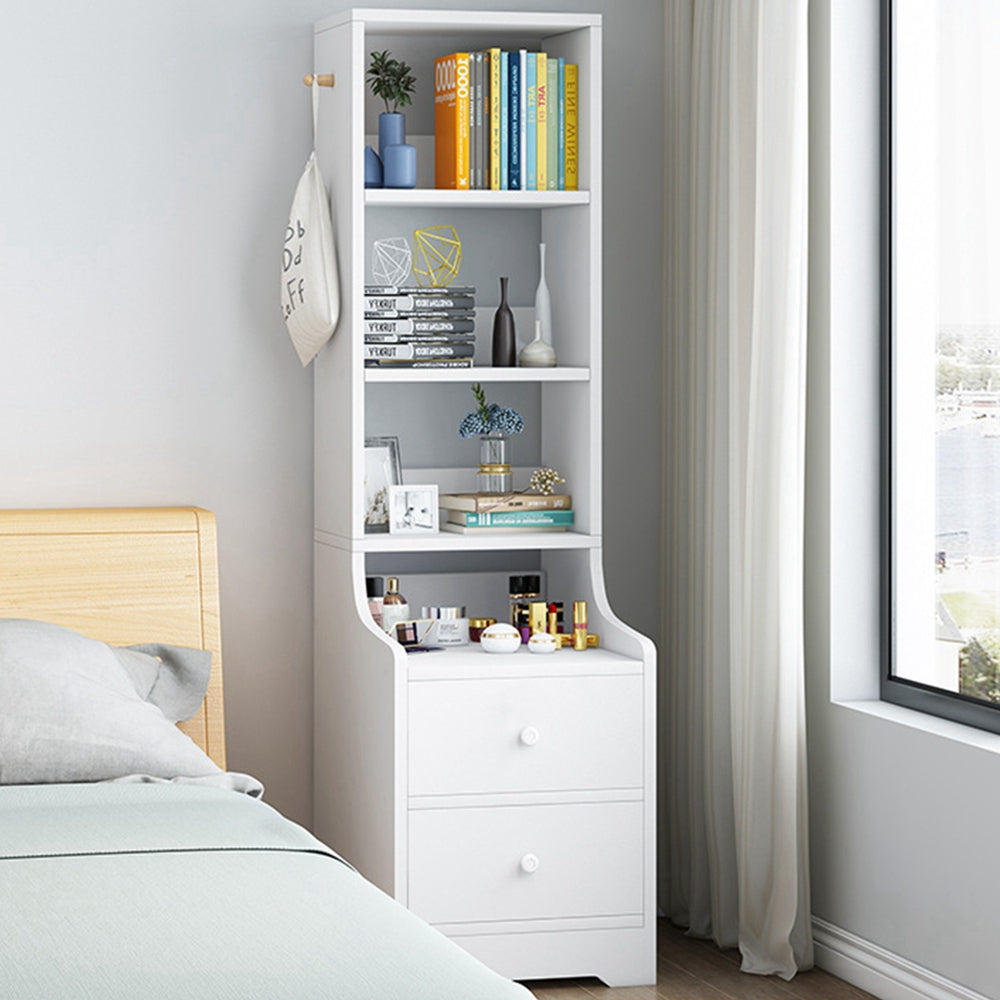 2x Bedside table pair with shelves drawers side hook modern design white