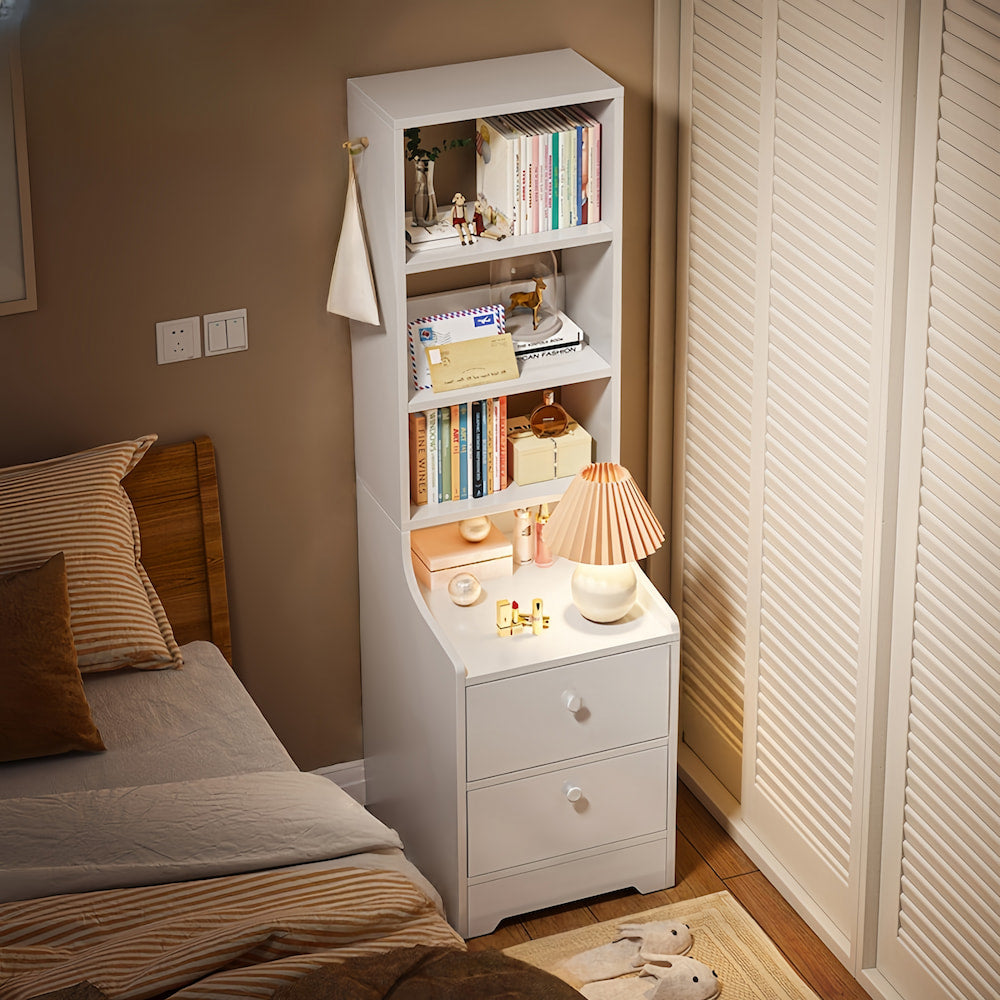 2x Bedside table pair with shelves drawers side hook modern design white