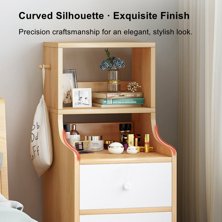 Minimalist Bedside Cabinet White Cosmetic Storage Dual Shelves Curved Design