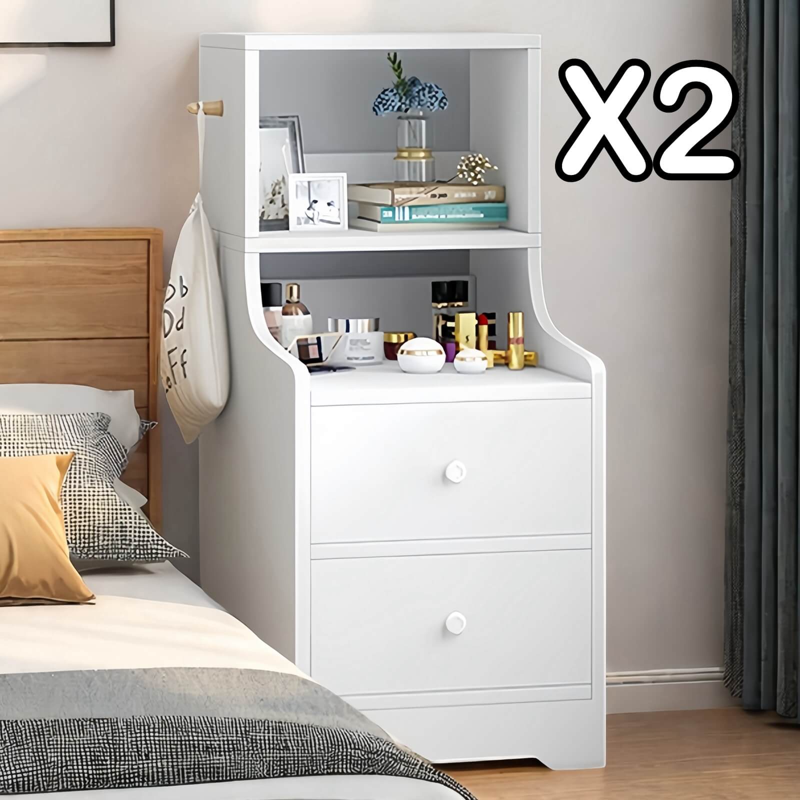 2x bedside table set with shelves and drawers modern white design