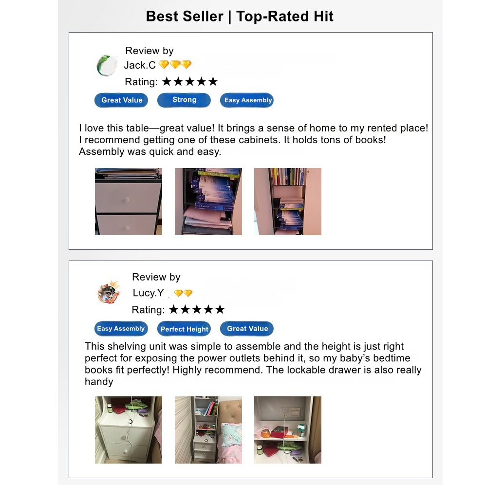 2x bedside table set with shelves and drawers modern white design