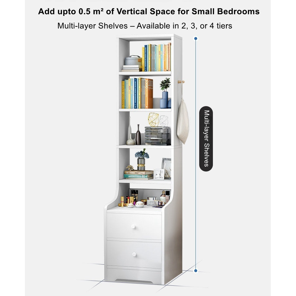 2x bedside table set with shelves and drawers modern white design