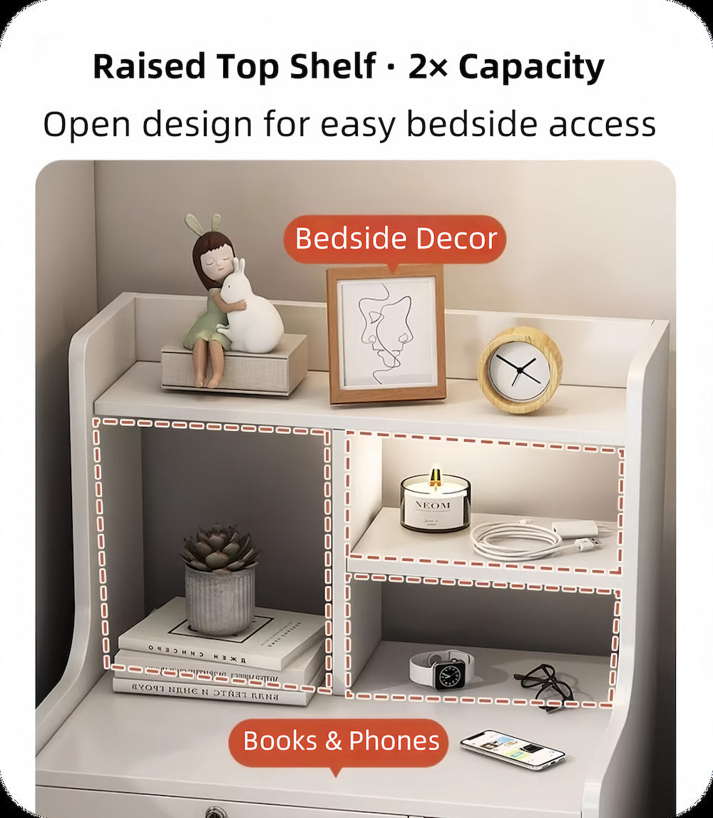 White Nightstand Security Drawer Open Shelf Storage Tray Wooden Knob Minimalist