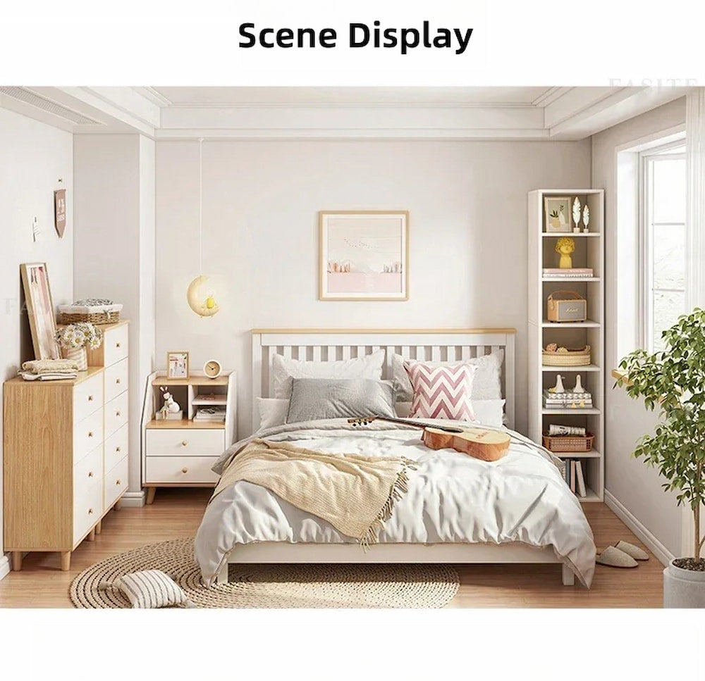 Compact Nightstand Wooden Legs Open Shelves Side Compartment White Wood Design