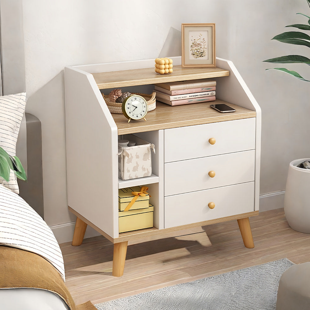 Multi-Storage Nightstand White Wood Combo Three Drawers Open Shelves 3-Tier