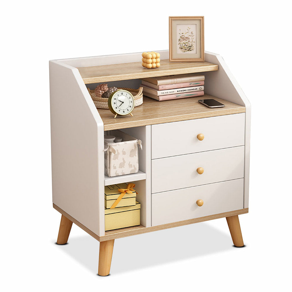 Multi-Storage Nightstand White Wood Combo Three Drawers Open Shelves 3-Tier